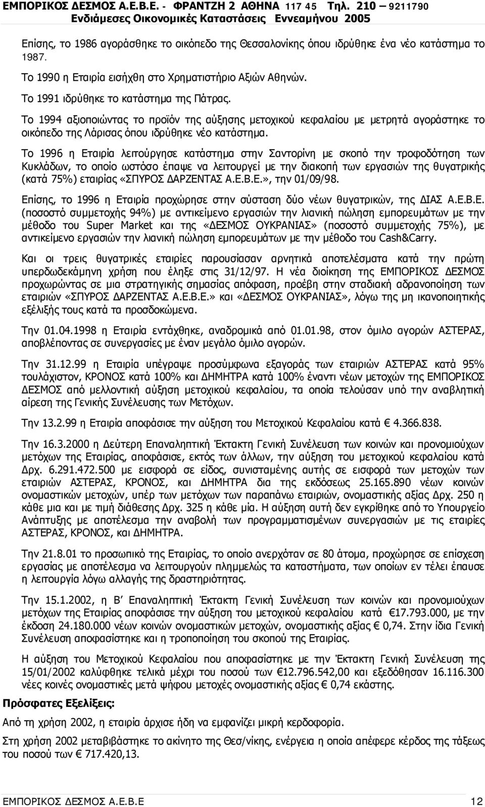 Το 1996 η Εταιρία λειτούργησε κατάστημα στην Σαντορίνη με σκοπό την τροφοδότηση των Κυκλάδων, το οποίο ωστόσο έπαψε να λειτουργεί με την διακοπή των εργασιών της θυγατρικής (κατά 75%) εταιρίας