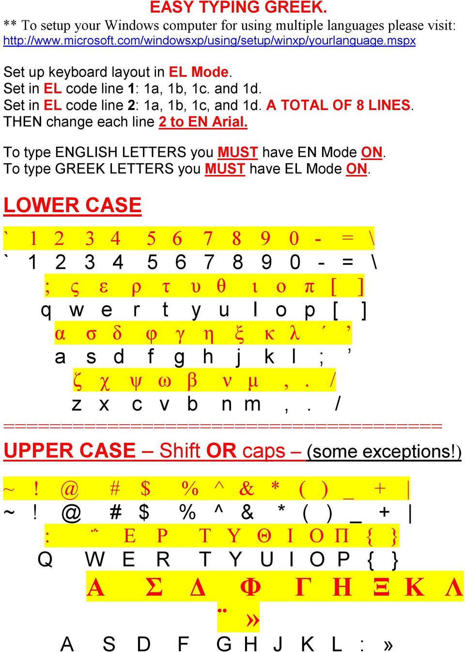 To type ENGLISH LETTERS you MUST have EN Mode ON. To type GREEK LETTERS you MUST have EL Mode ON.