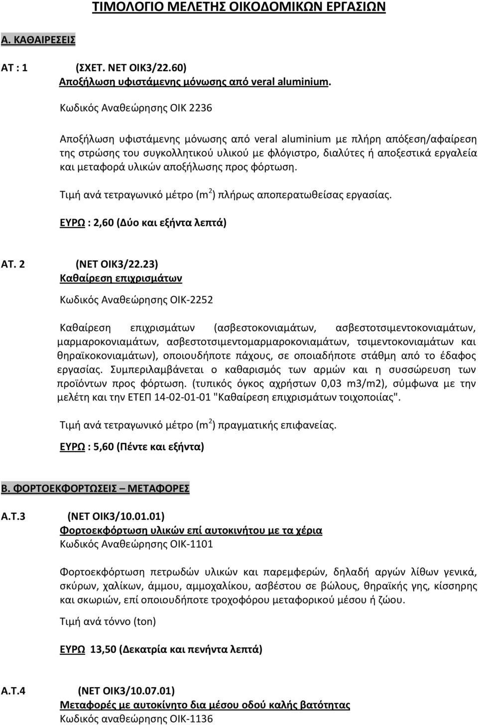 υλικών αποξήλωσης προς φόρτωση. Τιμή ανά τετραγωνικό μέτρο (m 2 ) πλήρως αποπερατωθείσας εργασίας. ΕΥΡΩ : 2,60 (Δύο και εξήντα λεπτά) ΑΤ. 2 (ΝΕΤ ΟΙΚ3/22.