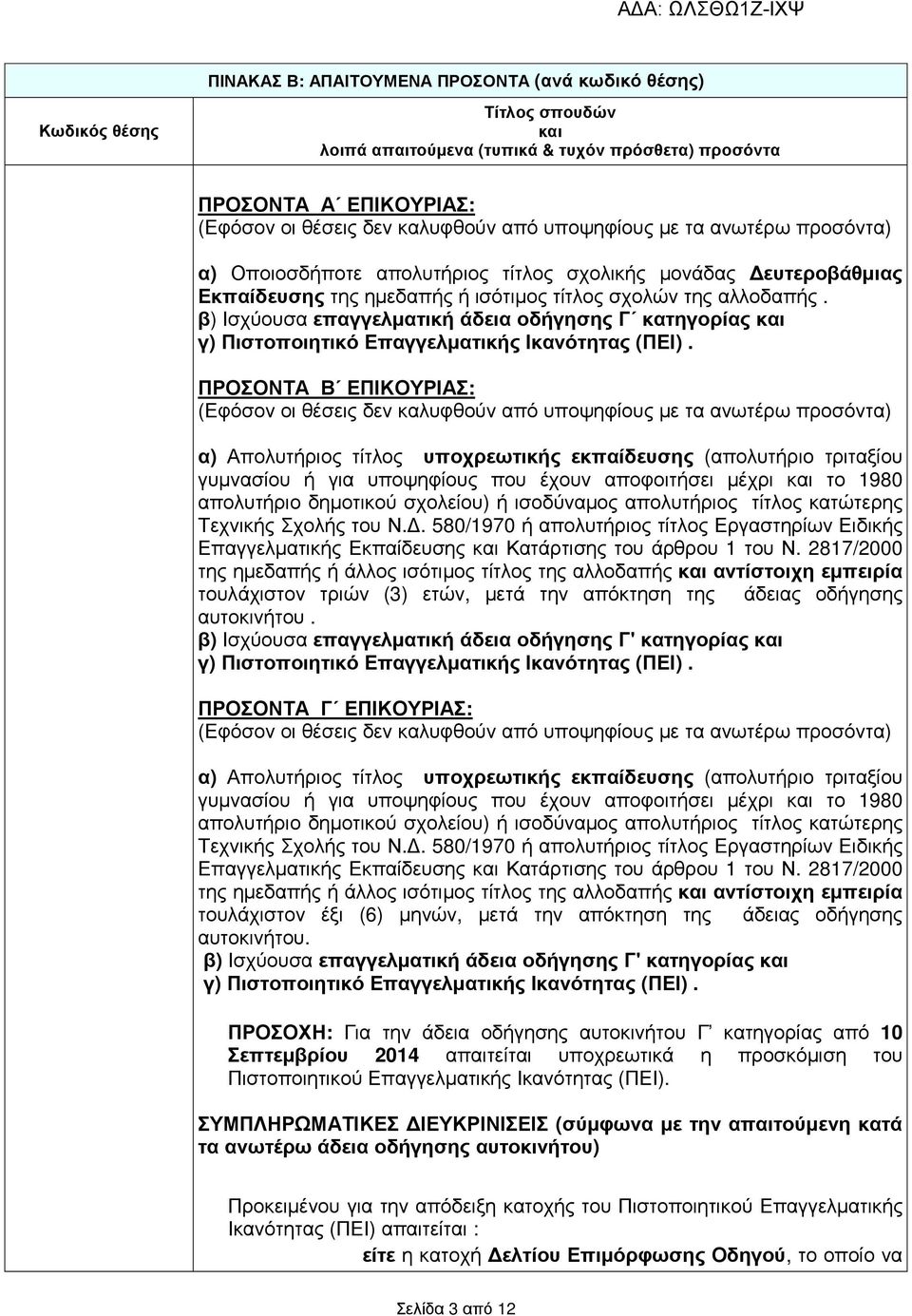 ΠΡΟΣΟΝΤΑ Β ΕΠΙΚΟΥΡΙΑΣ: α) Απολυτήριος τίτλος υποχρεωτικής εκπαίδευσης (απολυτήριο τριταξίου γυµνασίου ή για υποψηφίους που έχουν αποφοιτήσει µέχρι το 1980 απολυτήριο δηµοτικού σχολείου) ή ισοδύναµος