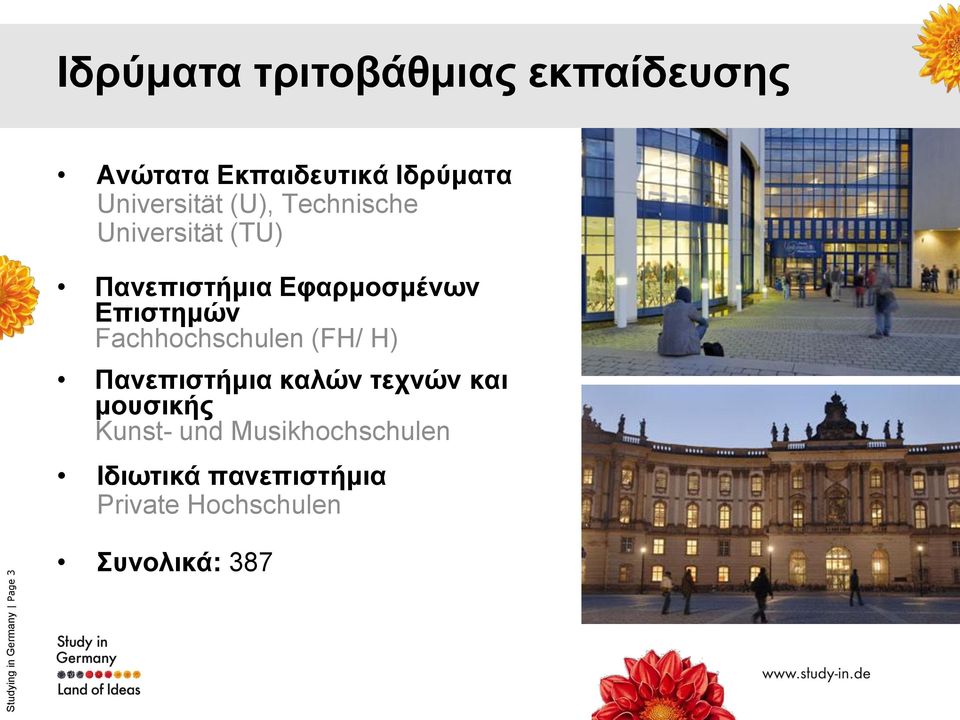 Fachhochschulen (FH/ H) Πανεπιστήμια καλών τεχνών και μουσικής Kunst- und