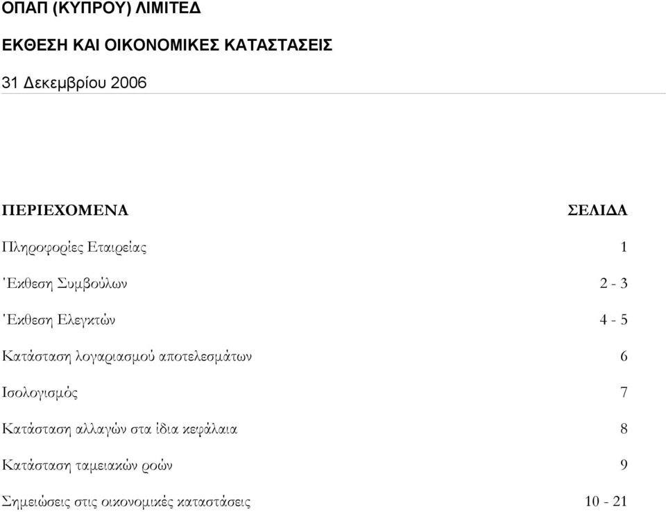 Κατάσταση λογαριασμού αποτελεσμάτων 6 Ισολογισμός 7 Κατάσταση αλλαγών στα