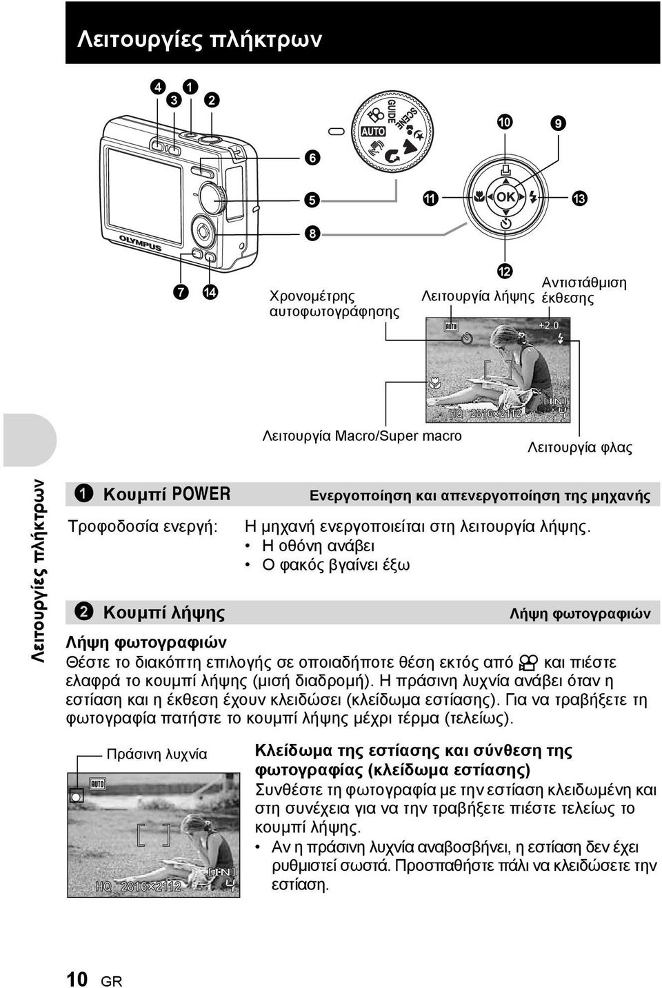 λήψης. Η οθόνη ανάβει Ο φακός βγαίνει έξω 2 Κουμπί λήψης Λήψη φωτογραφιών Λήψη φωτογραφιών Θέστε το διακόπτη επιλογής σε οποιαδήποτε θέση εκτός από n και πιέστε ελαφρά το κουμπί λήψης (μισή διαδρομή).