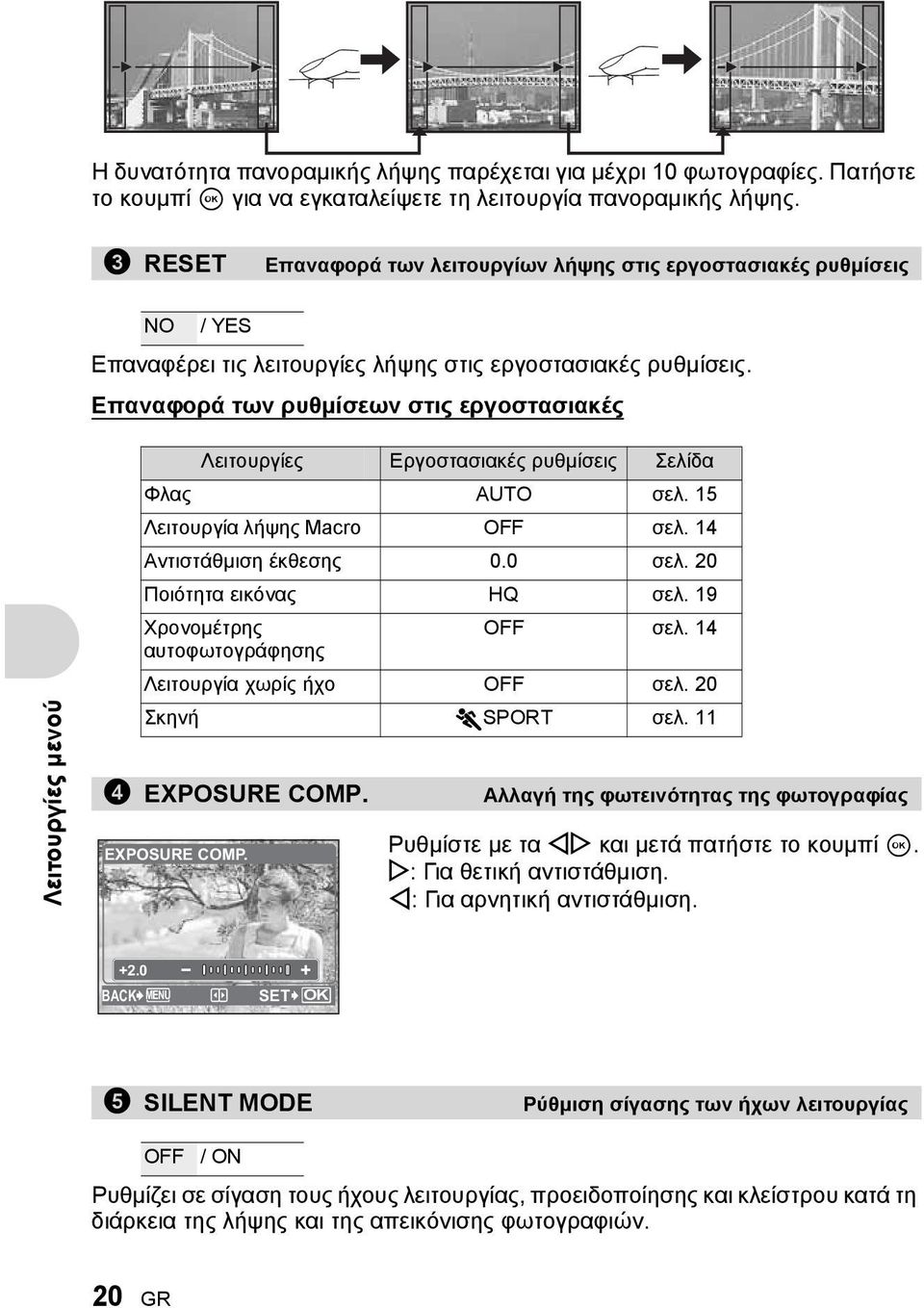 Επαναφορά των ρυθμίσεων στις εργοστασιακές Λειτουργίες μενού Λειτουργίες Εργοστασιακές ρυθμίσεις Σελίδα Φλας AUTO σελ. 15 Λειτουργία λήψης Macro OFF σελ. 14 Αντιστάθμιση έκθεσης 0.0 σελ.