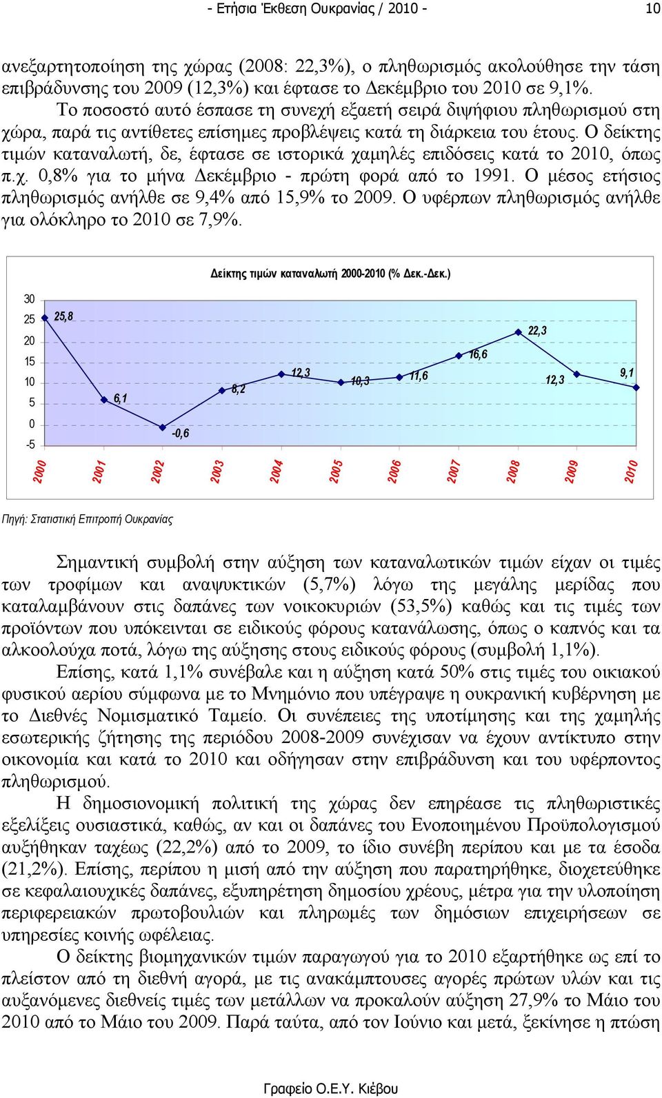 Ο δείκτης τιµών καταναλωτή, δε, έφτασε σε ιστορικά χαµηλές επιδόσεις κατά το 2010, όπως π.χ. 0,8% για το µήνα εκέµβριο - πρώτη φορά από το 1991.