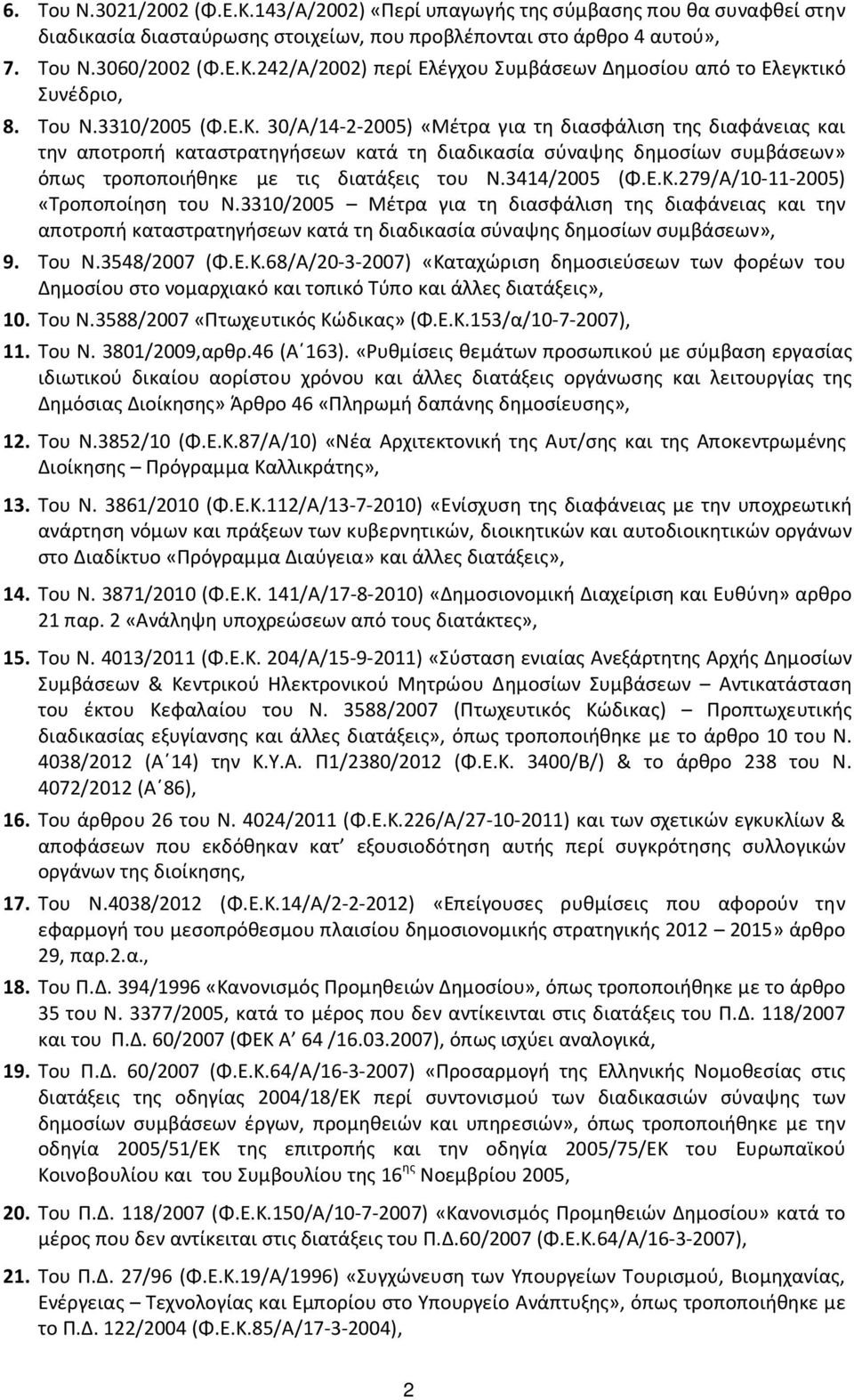 30/Α/14-2-2005) «Μέτρα για τη διασφάλιση της διαφάνειας και την αποτροπή καταστρατηγήσεων κατά τη διαδικασία σύναψης δημοσίων συμβάσεων» όπως τροποποιήθηκε με τις διατάξεις του Ν.3414/2005 (Φ.Ε.Κ.