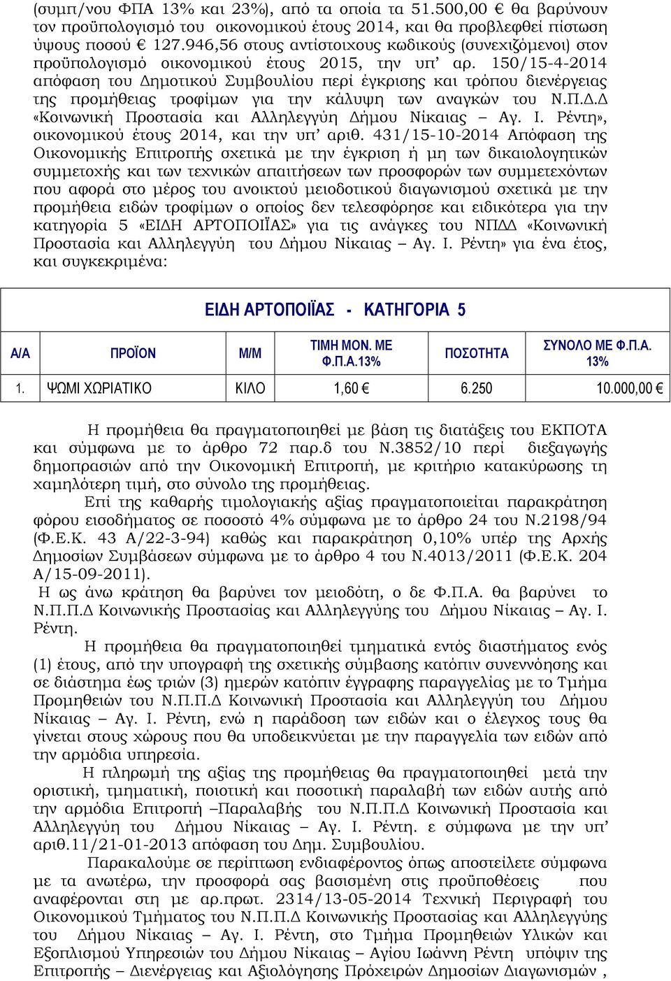 150/15-4-2014 απόφαση του ηµοτικού Συµβουλίου περί έγκρισης και τρόπου διενέργειας της προµήθειας τροφίµων για την κάλυψη των αναγκών του Ν.Π.. «Κοινωνική Προστασία και Αλληλεγγύη ήµου Νίκαιας Αγ. Ι.