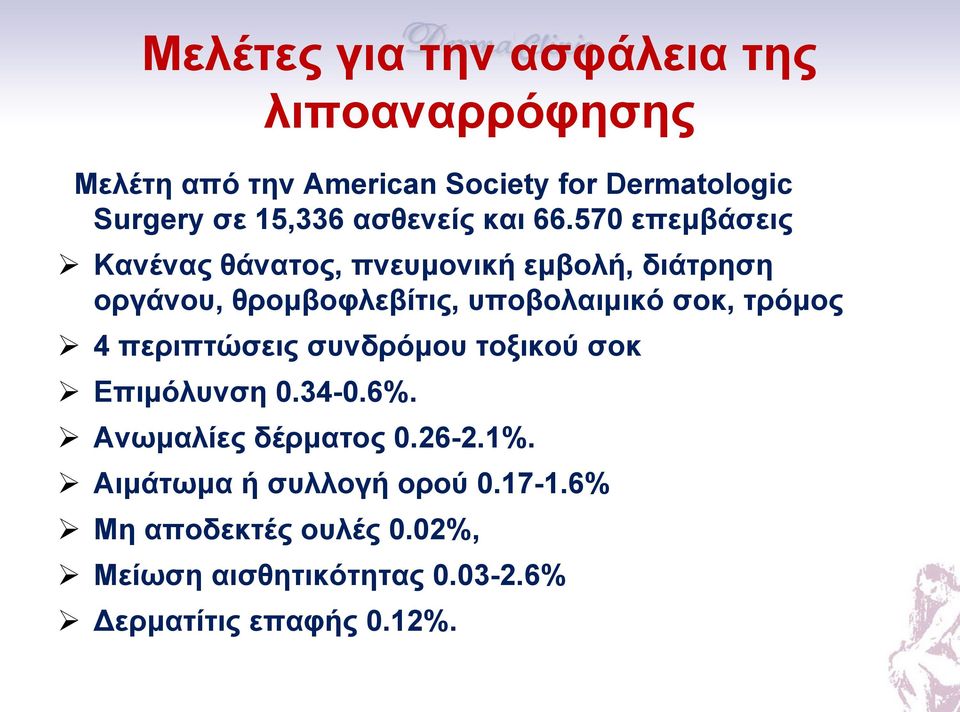 570 επεμβάσεις Κανένας θάνατος, πνευμονική εμβολή, διάτρηση οργάνου, θρομβοφλεβίτις, υποβολαιμικό σοκ, τρόμος