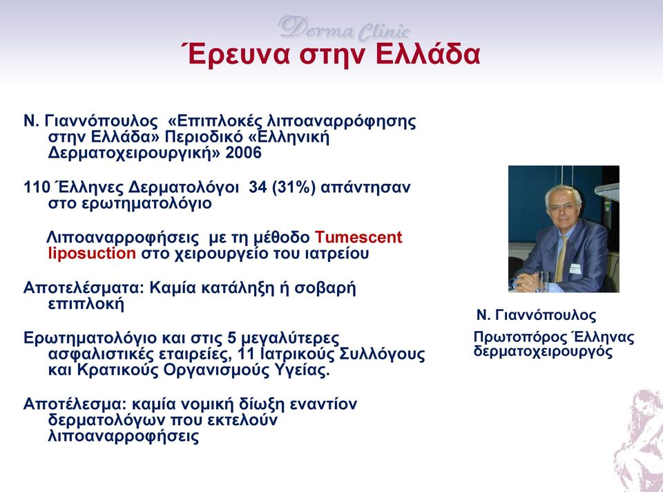 στο ερωτηματολόγιο Λιποαναρροφήσεις με τη μέθοδο Tumescent liposuction στο χειρουργείο του ιατρείου Αποτελέσματα: Καμία κατάληξη ή σοβαρή