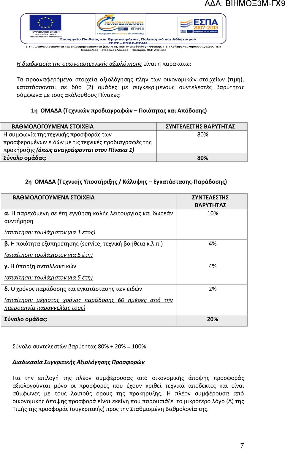 80% προσφερομένων ειδών με τις τεχνικές προδιαγραφές της προκήρυξης (όπως αναγράφονται στον Πίνακα 1) Σύνολο ομάδας: 80% 2η ΟΜΑΔΑ (Τεχνικής Υποστήριξης / Κάλυψης Εγκατάστασης-Παράδοσης)