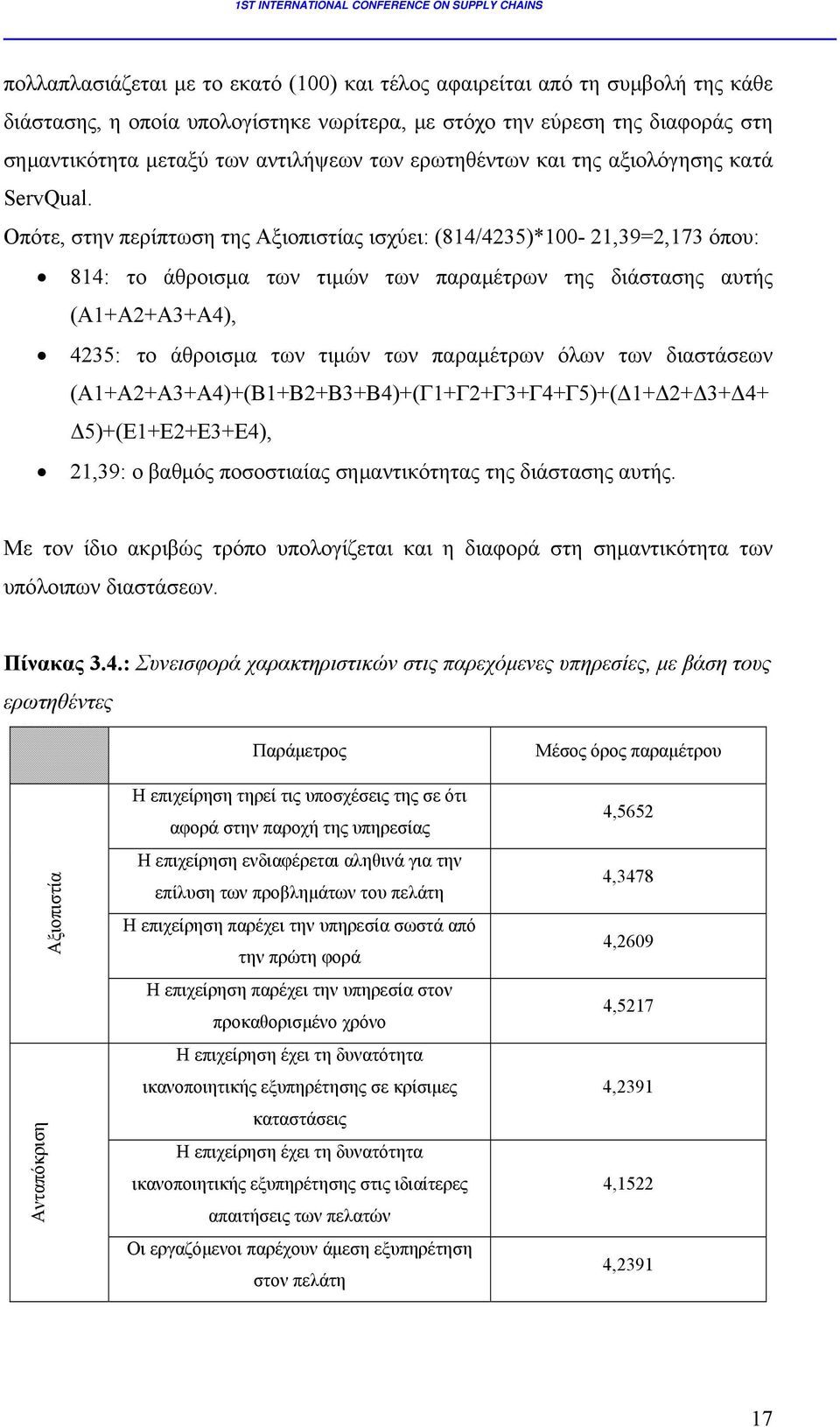 Οπότε, στην περίπτωση της Αξιοπιστίας ισχύει: (814/4235)*100-21,39=2,173 όπου: 814: το άθροισμα των τιμών των παραμέτρων της διάστασης αυτής (Α1+Α2+Α3+Α4), 4235: το άθροισμα των τιμών των παραμέτρων