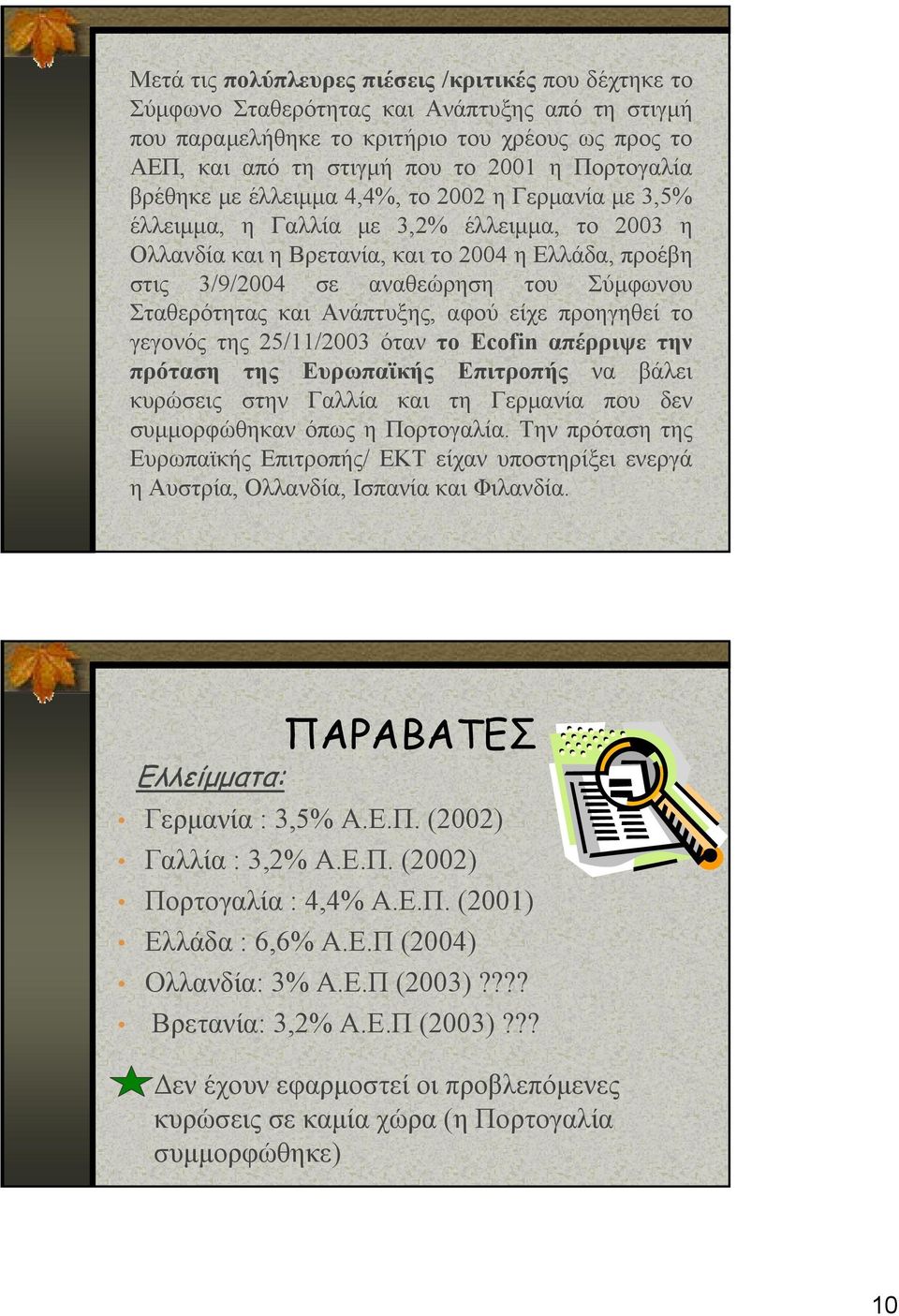 Σύμφωνου Σταθερότητας και Ανάπτυξης, αφού είχε προηγηθεί το γεγονός της 25/11/2003 όταν το Ecofin απέρριψε την πρόταση της Ευρωπαϊκής Επιτροπής να βάλει κυρώσεις στην Γαλλία και τη Γερμανία που δεν