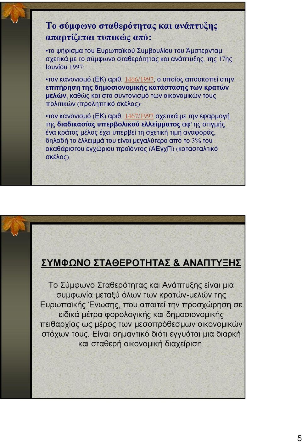 1466/1997, ο οποίος αποσκοπεί στην επιτήρηση της δημοσιονομικής κατάστασης των κρατών μελών, καθώς και στο συντονισμό των οικονομικών τους πολιτικών (προληπτικό σκέλος) τον  1467/1997 σχετικά με την