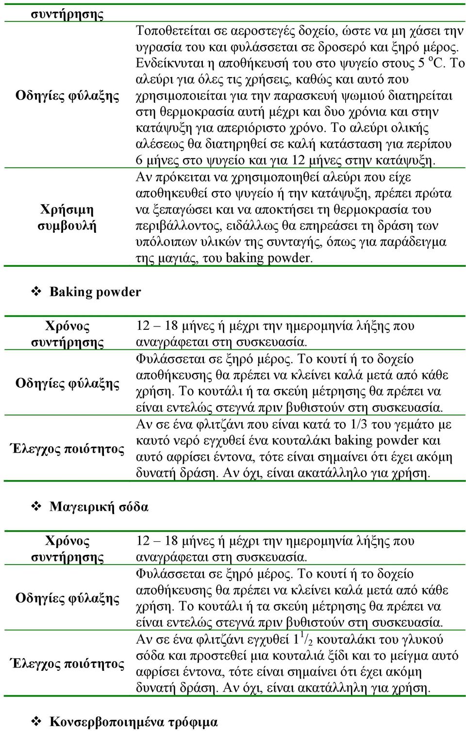 Το αλεύρι ολικής αλέσεως θα διατηρηθεί σε καλή κατάσταση για περίπου 6 µήνες στο ψυγείο και για 12 µήνες στην κατάψυξη.