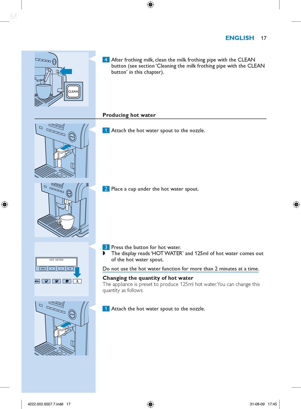 The display reads HOT WATER and 125ml of hot water comes out of the hot water spout. Do not use the hot water function for more than 2 minutes at a time.