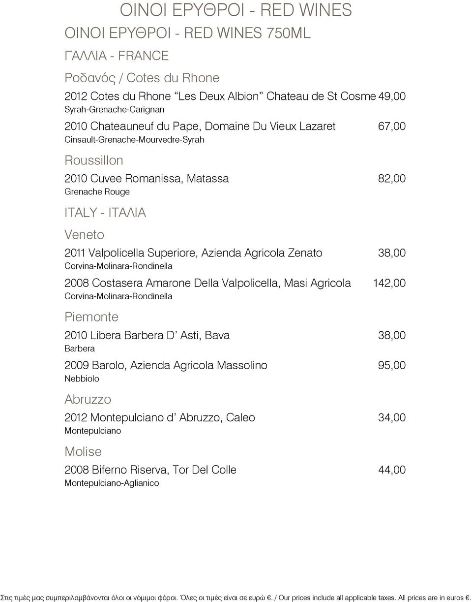 Superiore, Azienda Agricola Zenato 38,00 Corvina-Molinara-Rondinella 2008 Costasera Amarone Della Valpolicella, Masi Agricola 142,00 Corvina-Molinara-Rondinella Piemonte 2010 Libera Barbera D