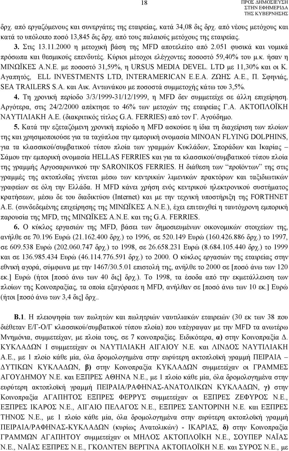 Α.Ν.Ε. με ποσοστό 31,59%, η URSUS MEDIA DEVEL. LTD με 11,30% και οι Κ. Αγαπητός, ELL INVESTMENTS LTD, INTERAMERICAN Ε.Ε.Α. ΖΩΗΣ Α.Ε., Π. Σφηνιάς, SEA TRAILERS S.A. και Αικ.