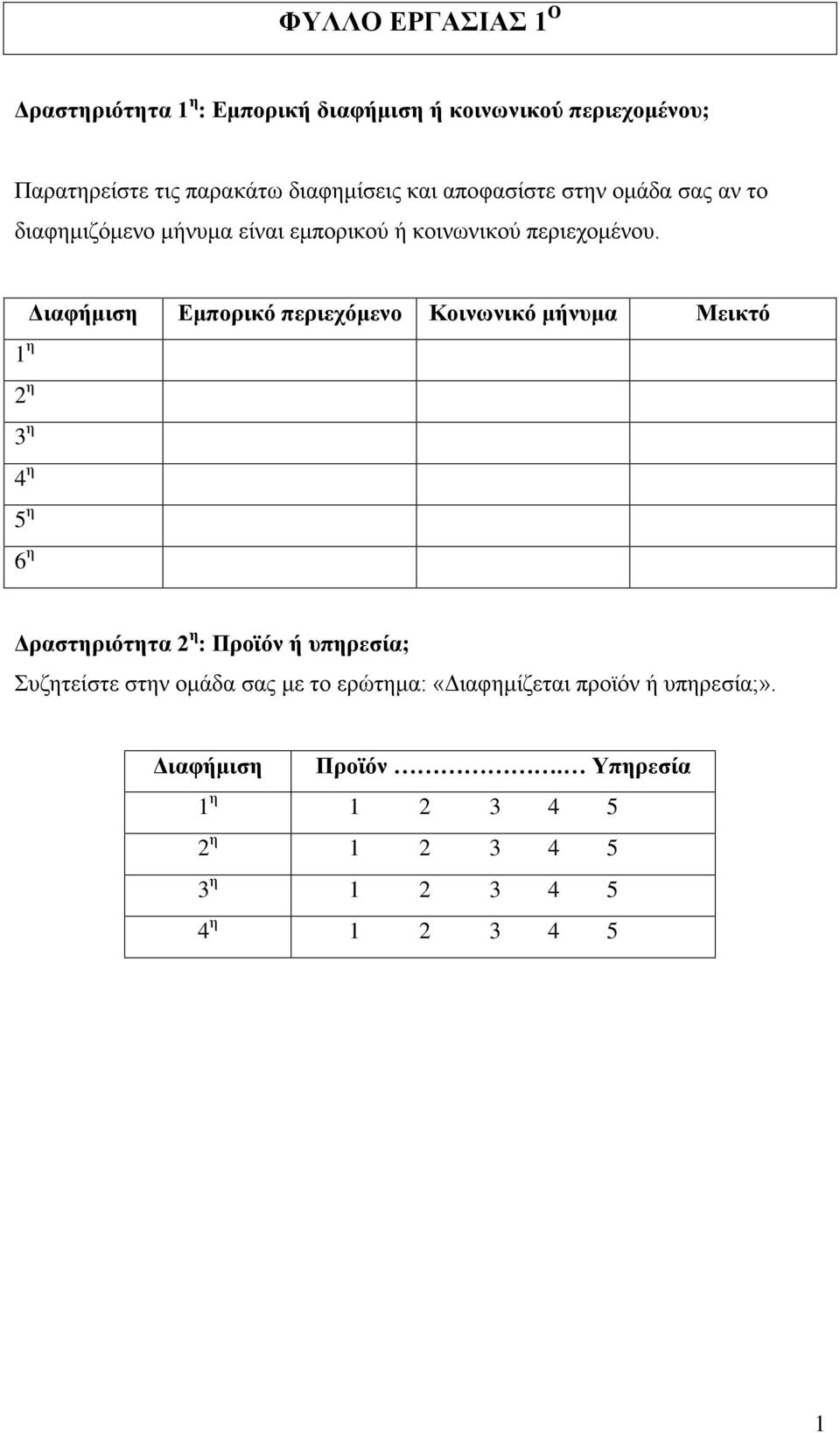 1 η 2 η 3 η 4 η 5 η 6 η Διαφήμιση Εμπορικό περιεχόμενο Κοινωνικό μήνυμα Μεικτό Δραστηριότητα 2 η : Προϊόν ή υπηρεσία;