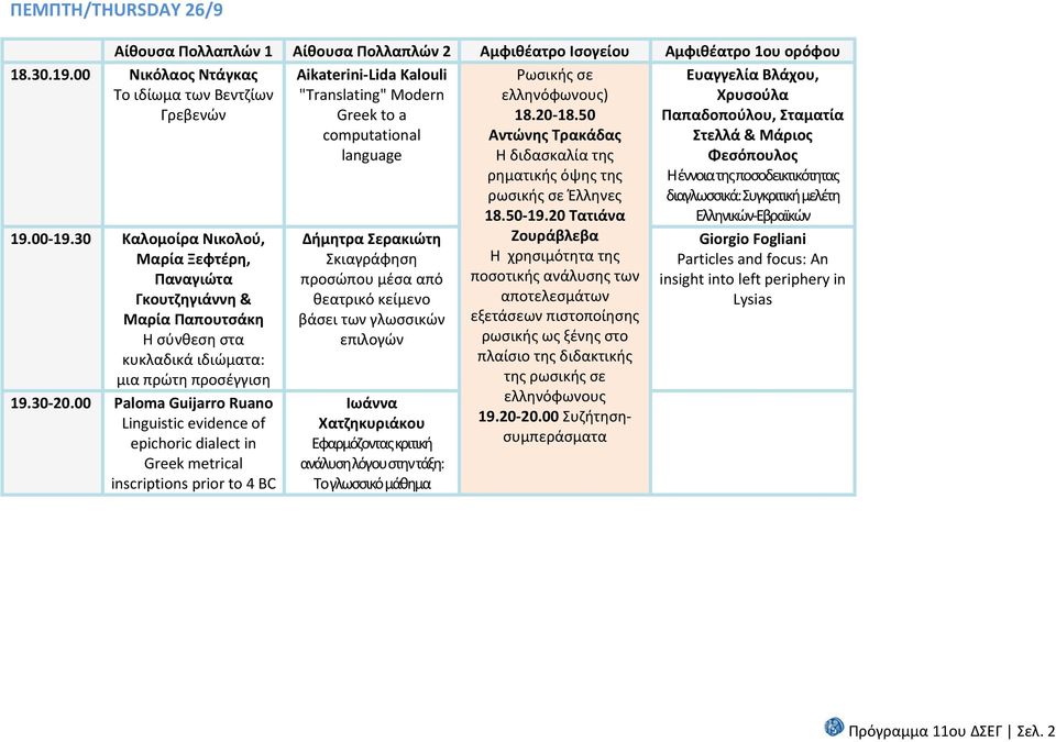 00 Paloma Guijarro Ruano Linguistic evidence of epichoric dialect in Greek metrical inscriptions prior to 4 BC Aikaterini Lida Kalouli "Translating" Modern Greek to a computational language Δήμητρα