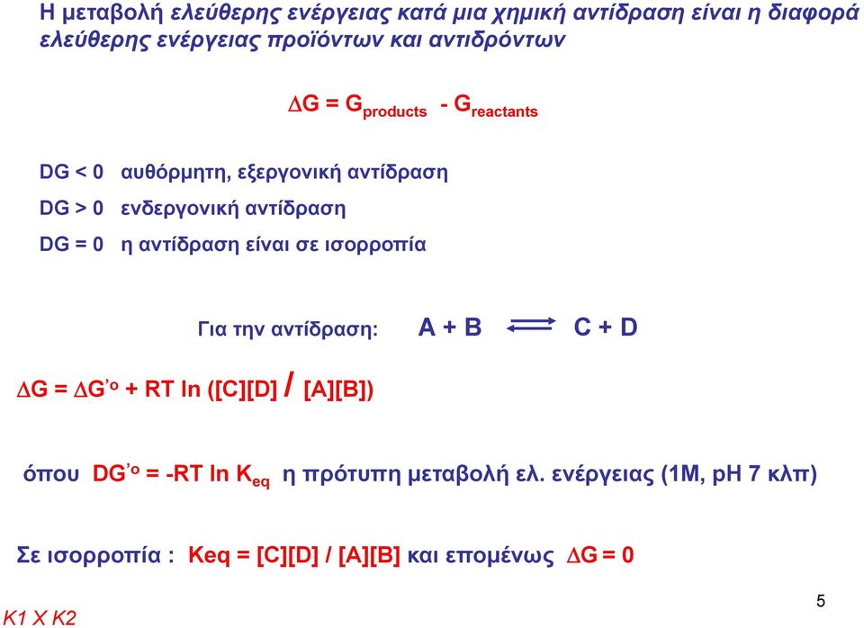 0 η αντίδραση είναι σε ισορροπία ΔG =ΔG o +RTln([C][D] / [A][B]) Για την αντίδραση: A + B C + D όπου DG o = -RT