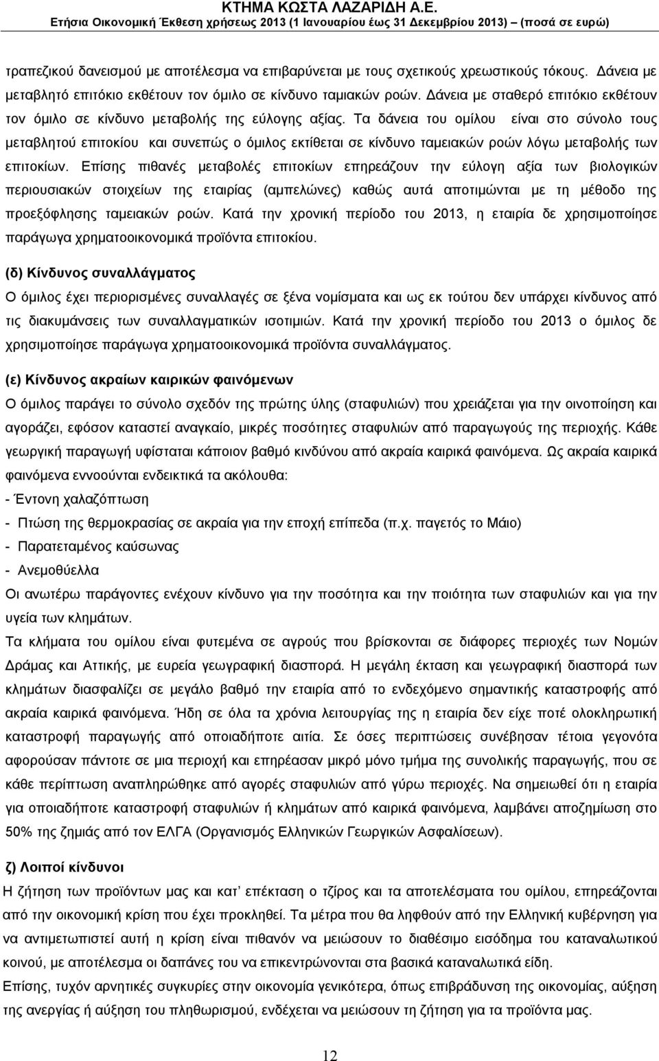 Τα δάνεια του ομίλου είναι στο σύνολο τους μεταβλητού επιτοκίου και συνεπώς ο όμιλος εκτίθεται σε κίνδυνο ταμειακών ροών λόγω μεταβολής των επιτοκίων.