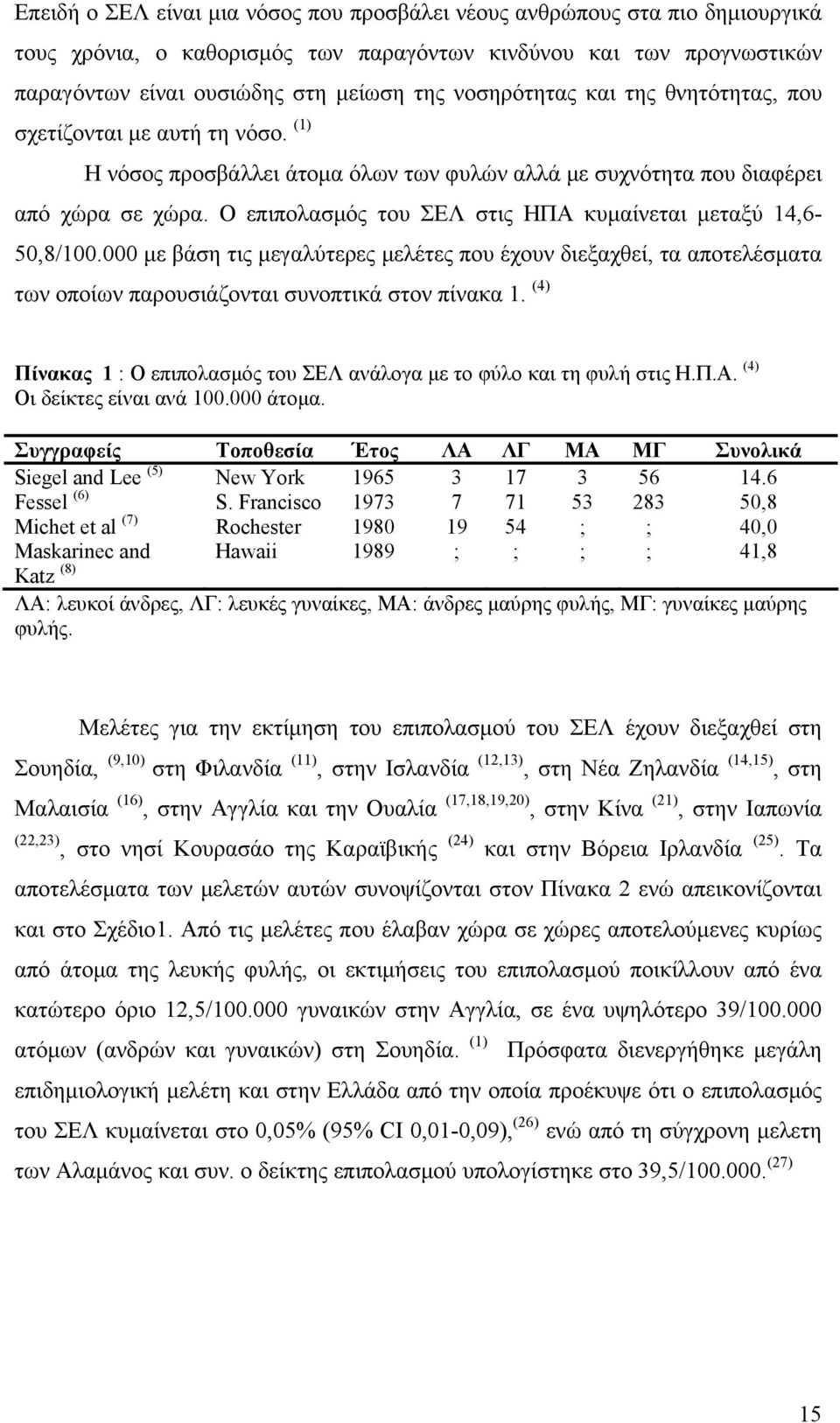 Ο επιπολασμός του ΣΕΛ στις ΗΠΑ κυμαίνεται μεταξύ 14,6 50,8/100.000 με βάση τις μεγαλύτερες μελέτες που έχουν διεξαχθεί, τα αποτελέσματα των οποίων παρουσιάζονται συνοπτικά στον πίνακα 1.