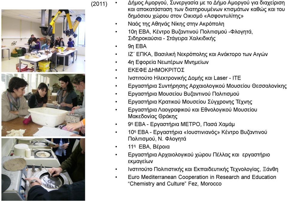 Ινστιτούτο Ηλεκτρονικής Δομής και Laser - ΙΤΕ Εργαστήρια Συντήρησης Αρχαιολογικού Μουσείου Θεσσαλονίκης Εργαστήρια Μουσείου Βυζαντινού Πολιτισμού Εργαστήρια Κρατικού Μουσείου Σύγχρονης Τέχνης