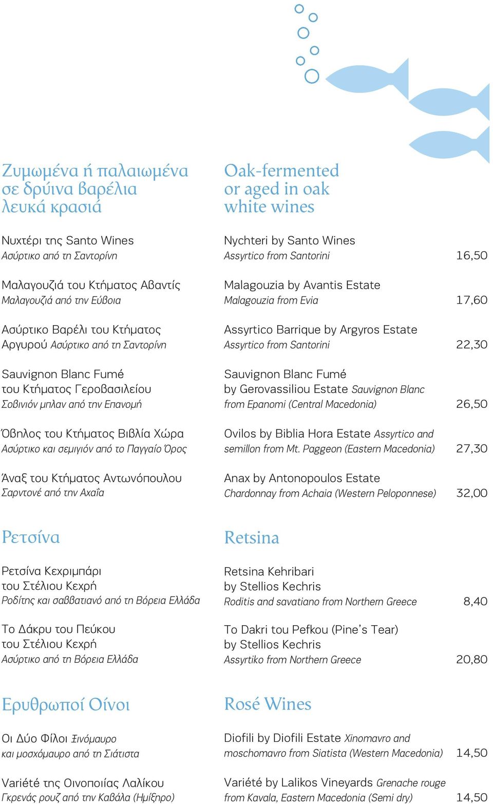 Αντωνόπουλου Σαρντονέ από την Αχαΐα Oak-fermented or aged in oak white wines Nychteri by Santo Wines Assyrtico from Santorini 16,50 Malagouzia by Avantis Estate Malagouzia from Evia 17,60 Assyrtico