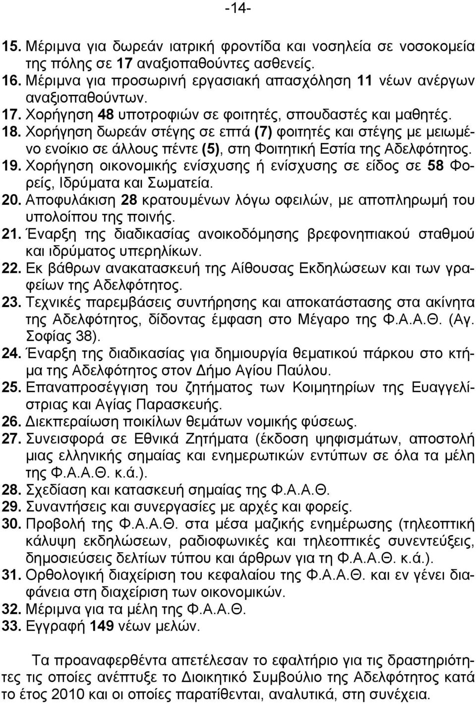 Χορήγηση οικονοµικής ενίσχυσης ή ενίσχυσης σε είδος σε 58 Φορείς, Ιδρύµατα και Σωµατεία. 20. Αποφυλάκιση 28 κρατουµένων λόγω οφειλών, µε αποπληρωµή του υπολοίπου της ποινής. 21.