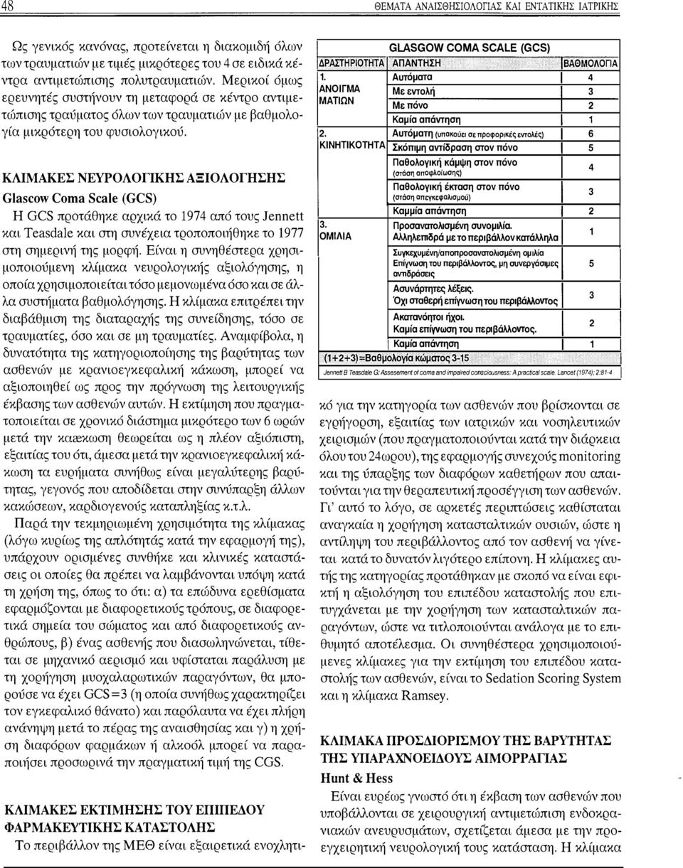 ΚΛΙΜΑΚΕΣ ΝΕΥΡΟΛΟΓΙΚΗΣ Α:ΞΙΟΛΟΓΗΣΗΣ Glascow Coma Scale (GCS) Η GCS πρτάθηκε αρχικά τ 1974 από τυς Jennett και Teasdale και στη συνέχεια τρππιήθηκε τ 1977 στη σημερινή της μρφή.