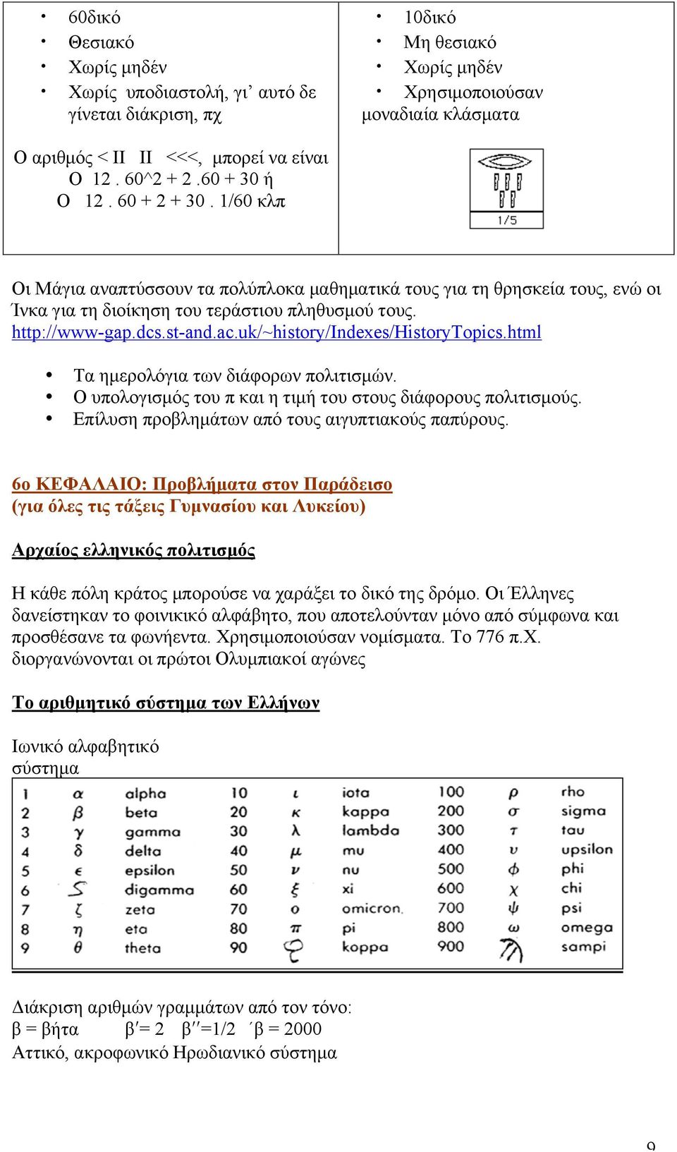 uk/~history/indexes/historytopics.html Τα ηµερολόγια των διάφορων πολιτισµών. Ο υπολογισµός του π και η τιµή του στους διάφορους πολιτισµούς. Επίλυση προβληµάτων από τους αιγυπτιακούς παπύρους.