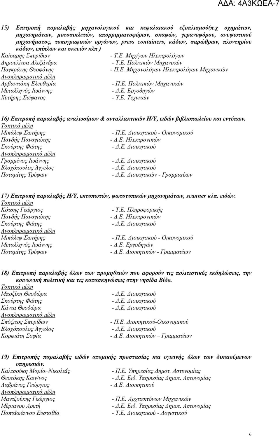 ) Παγκράτης Θεοφάνης - Π.Ε. Μηχανολόγων Ηλεκτρολόγων Μηχανικών Αρβανιτάκη Ελευθερία Μεταλληνός Ιωάννης Χυτήρης Στέφανος - Υ.Ε. Τεχνιτών 16) Επιτροπή παραλαβής αναλωσίμων & ανταλλακτικών Η/Υ, ειδών βιβλιοπωλείου και εντύπων.