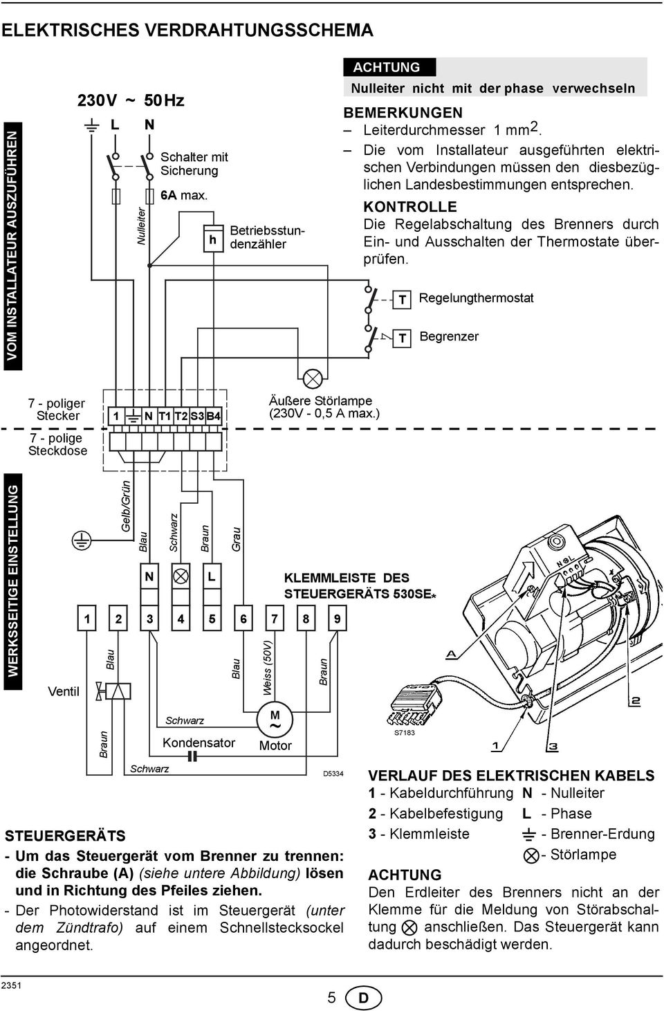 KONTROLLE Die Regelabschaltung des Brenners durch Ein- und Ausschalten der Thermostate überprüfen. Betriebsstundenzähler Grau Weiss (50V) Äußere Störlampe (30V - 0,5 A max.