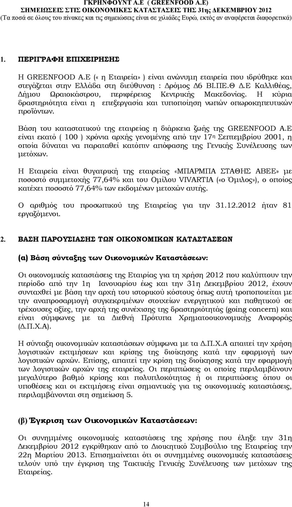 Βάση του καταστατικού της εταιρείας η διάρκεια ζωής της GREENFOOD A.