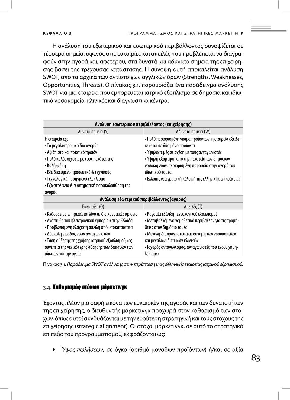 Η σύνοψη αυτή αποκαλείται ανάλυση SWOT, από τα αρχικά των αντίστοιχων αγγλικών όρων (Strengths, Weaknesses, Opportunities, Threats). Ο πίνακας 3.1.