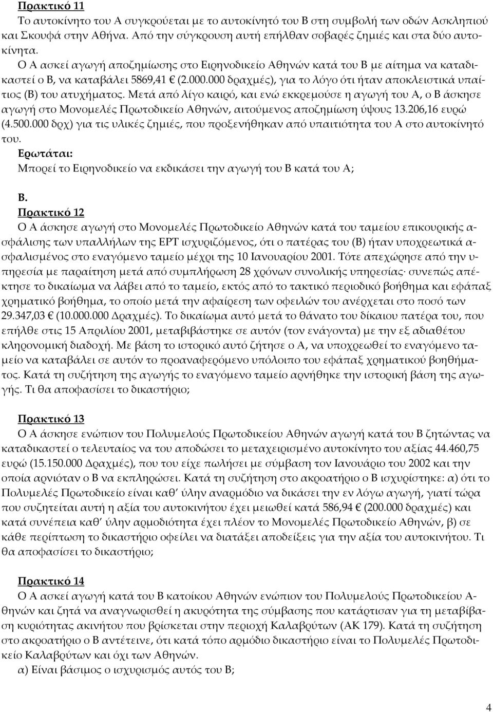 Μετά από λίγο καιρό, και ενώ εκκρεμούσε η αγωγή του Α, ο Β άσκησε αγωγή στο Μονομελές Πρωτοδικείο Αθηνών, αιτούμενος αποζημίωση ύψους 13.206,16 ευρώ (4.500.