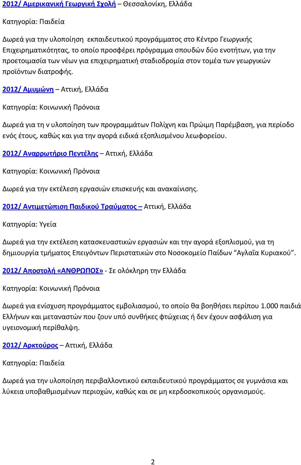 2012/ Αμυμώνη Αττική, Ελλάδα Δωρεά για τη ν υλοποίηση των προγραμμάτων Πολίχνη και Πρώιμη Παρέμβαση, για περίοδο ενός έτους, καθώς και για την αγορά ειδικά εξοπλισμένου λεωφορείου.