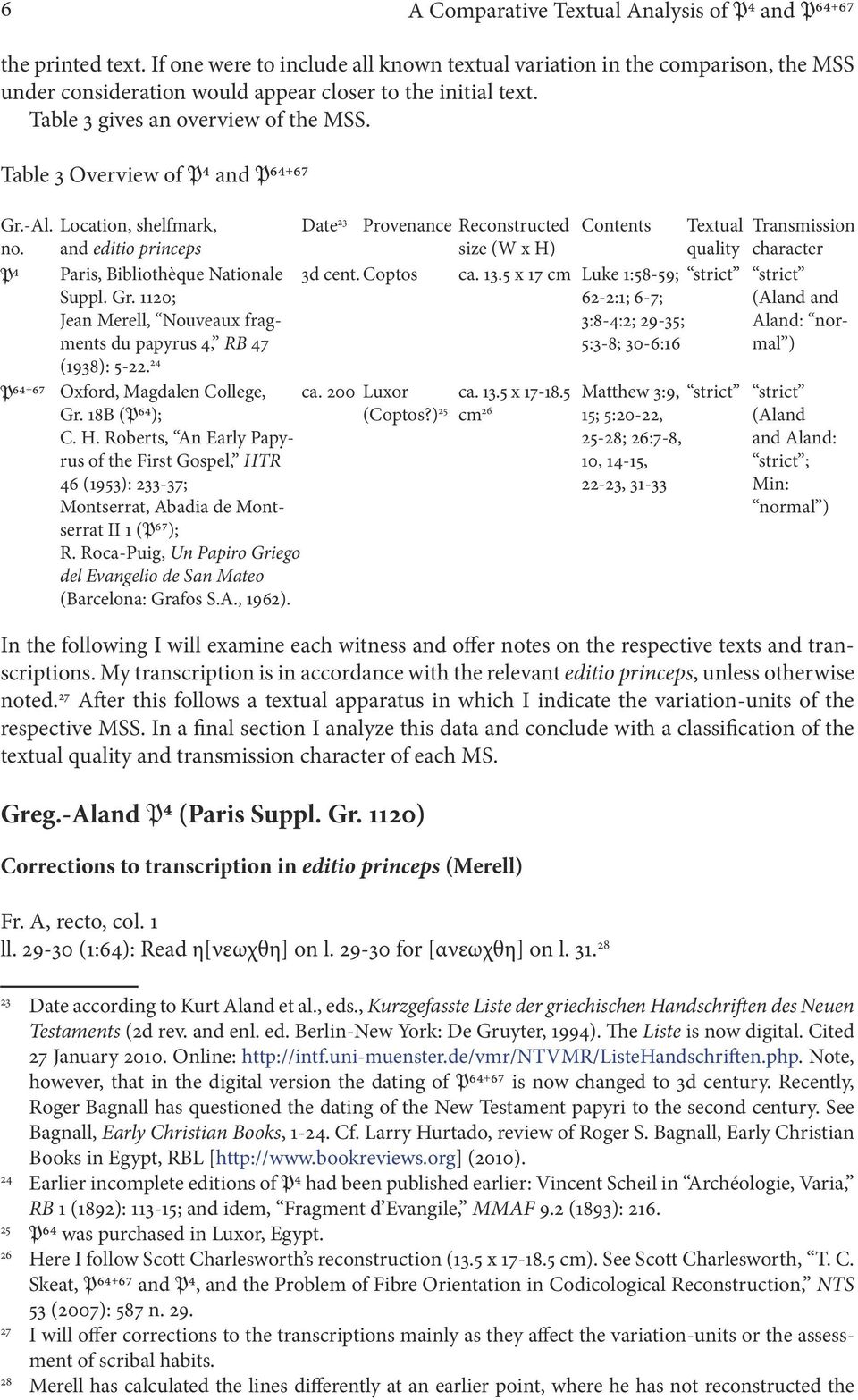 Table 3 Overview of P4 and P64 + 67 Gr.-Al. no. P4 P64 + 67 Location, shelfmark, and editio princeps Paris, Bibliothèque Nationale Suppl. Gr. 1120; Jean Merell, Nouveaux fragments du papyrus 4, RB 47 (1938): 5 22.