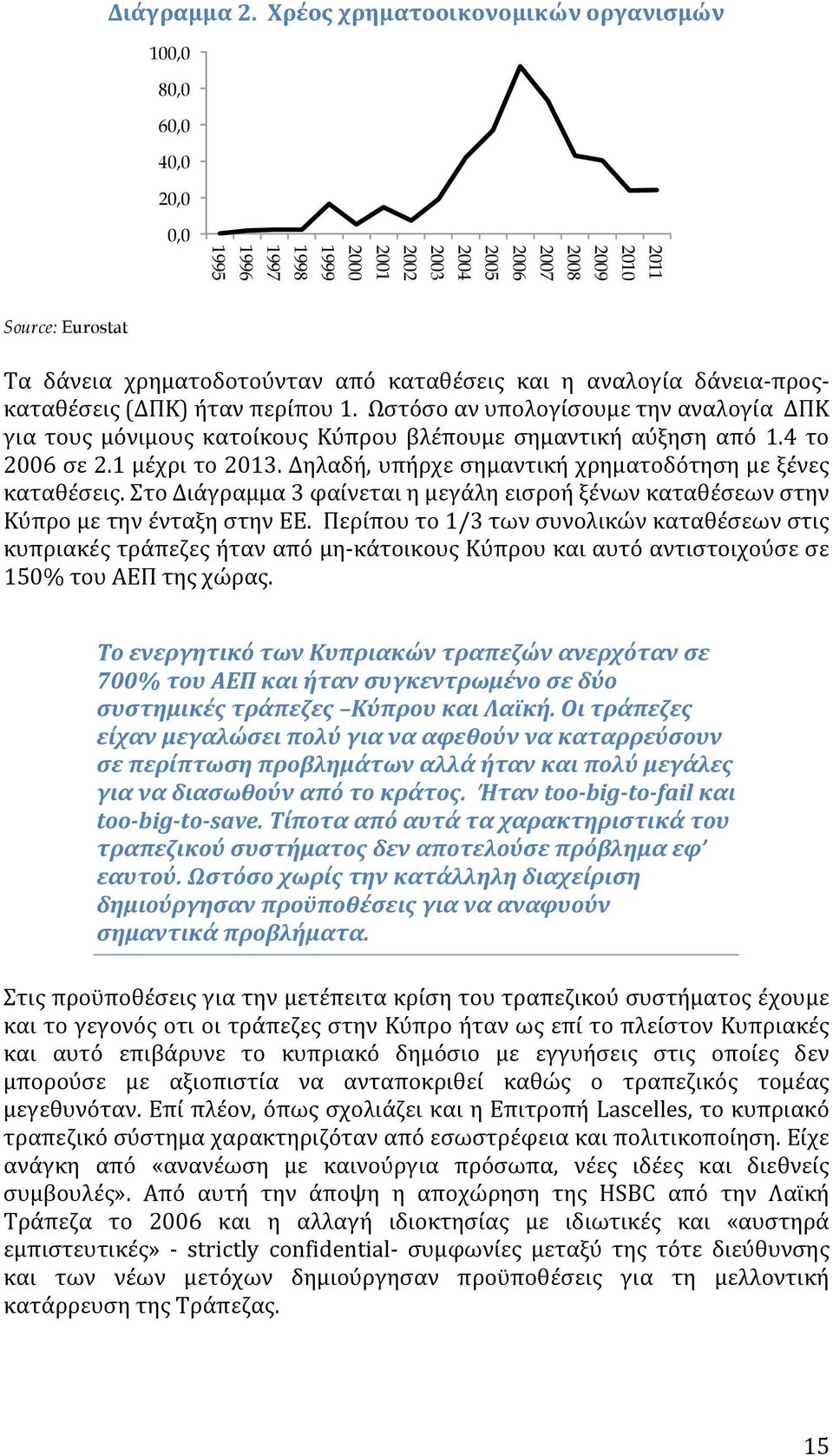 καταθέσεις και η αναλογία δάνεια- προς- καταθέσεις (ΔΠΚ) ήταν περίπου 1. Ωστόσο αν υπολογίσουμε την αναλογία ΔΠΚ για τους μόνιμους κατοίκους Κύπρου βλέπουμε σημαντική αύξηση από 1.4 το 2006 σε 2.