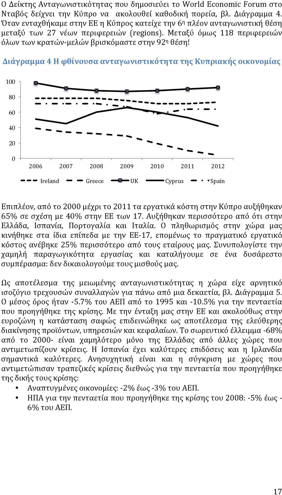 Διάγραμμα 4 Η φθίνουσα ανταγωνιστικότητα της Κυπριακής οικονομίας 100 80 60 40 20 0 2006 2007 2008 2009 2010 2011 2012 Ireland Greece UK Cyprus Spain Επιπλέον, από το 2000 μέχρι το 2011 τα εργατικά