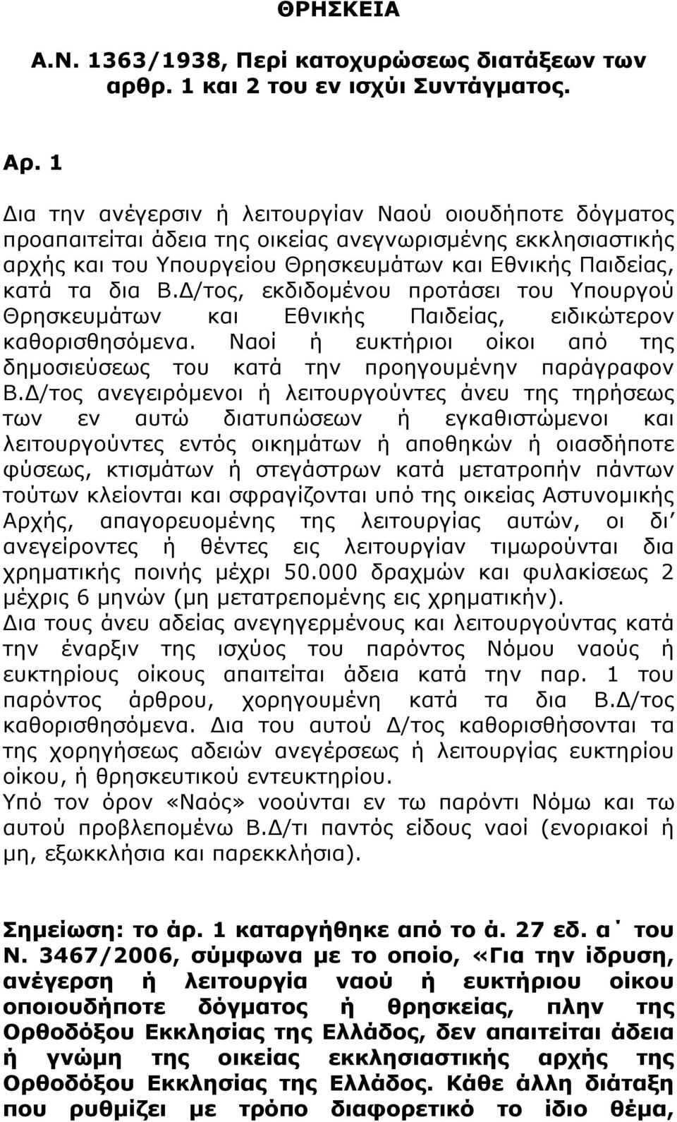 Δ/τος, εκδιδομένου προτάσει του Υπουργού Θρησκευμάτων και Εθνικής Παιδείας, ειδικώτερον καθορισθησόμενα. Ναοί ή ευκτήριοι οίκοι από της δημοσιεύσεως του κατά την προηγουμένην παράγραφον Β.