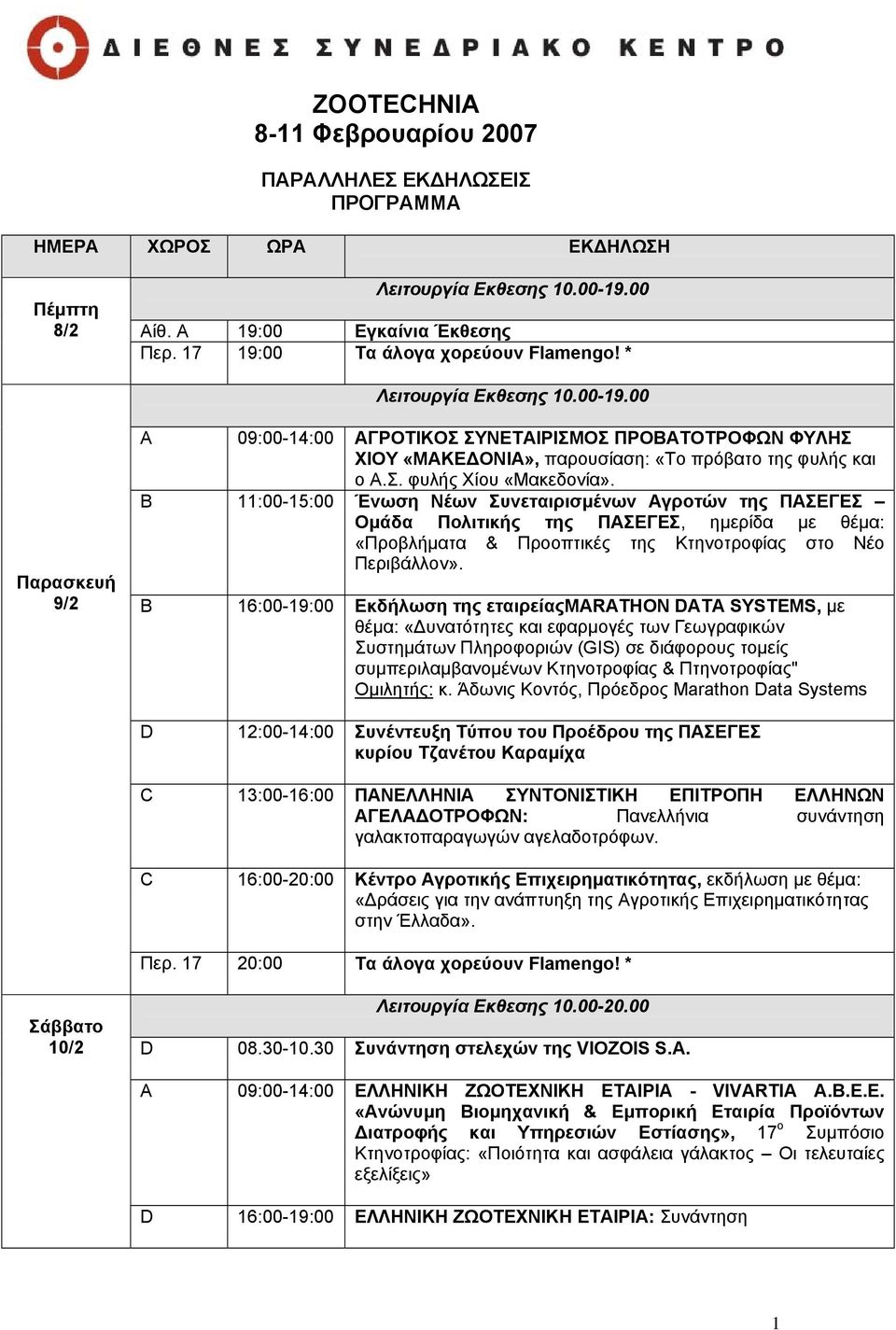 00 Παρασκευή 9/2 Α 09:00-14:00 ΑΓΡΟΤΙΚΟΣ ΣΥΝΕΤΑΙΡΙΣΜΟΣ ΠΡΟΒΑΤΟΤΡΟΦΩΝ ΦΥΛΗΣ ΧΙΟΥ «ΜΑΚΕ ΟΝΙΑ», παρουσίαση: «Το πρόβατο της φυλής και ο Α.Σ. φυλής Χίου «Μακεδονία».