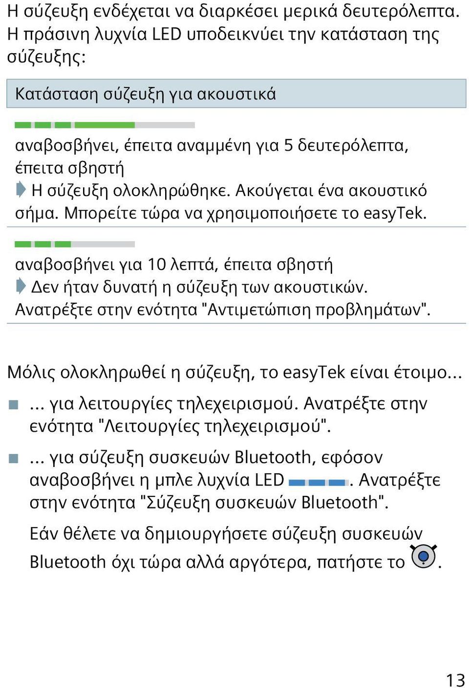 Ακούγεται ένα ακουστικό σήμα. Μπορείτε τώρα να χρησιμοποιήσετε το easytek. αναβοσβήνει για 10 λεπτά, έπειτα σβηστή Δεν ήταν δυνατή η σύζευξη των ακουστικών.