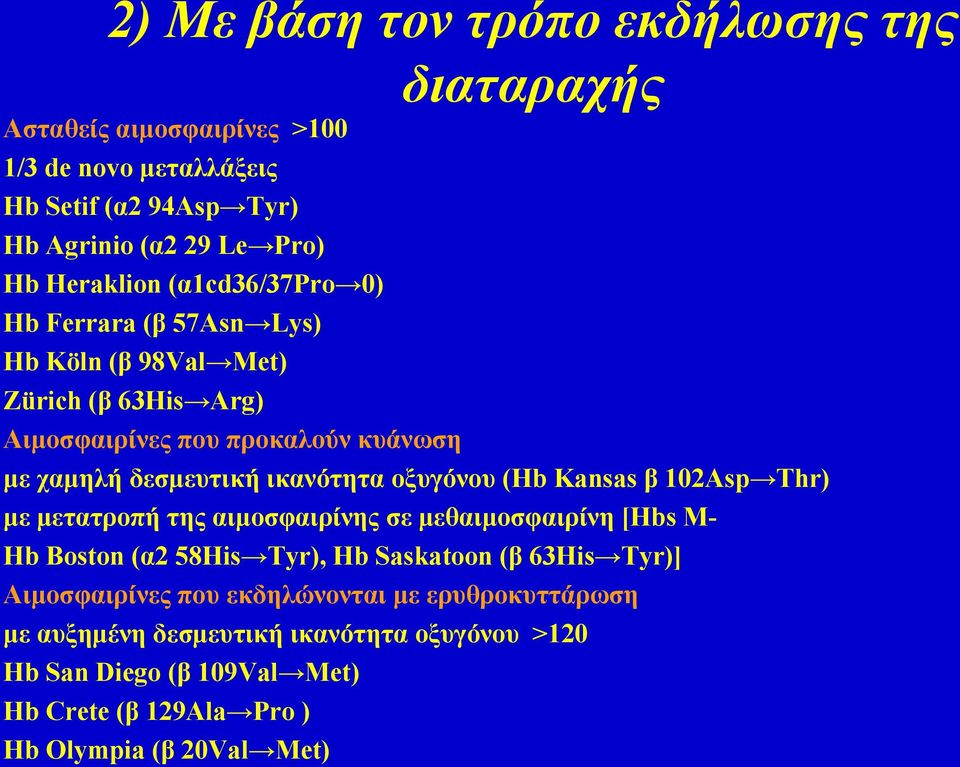 ικανότητα οξυγόνου (Hb Kansas β 102Asp Thr) με μετατροπή της αιμοσφαιρίνης σε μεθαιμοσφαιρίνη [Hbs Μ- Hb Boston (α2 58His Tyr), Hb Saskatoon (β 63His Tyr)]