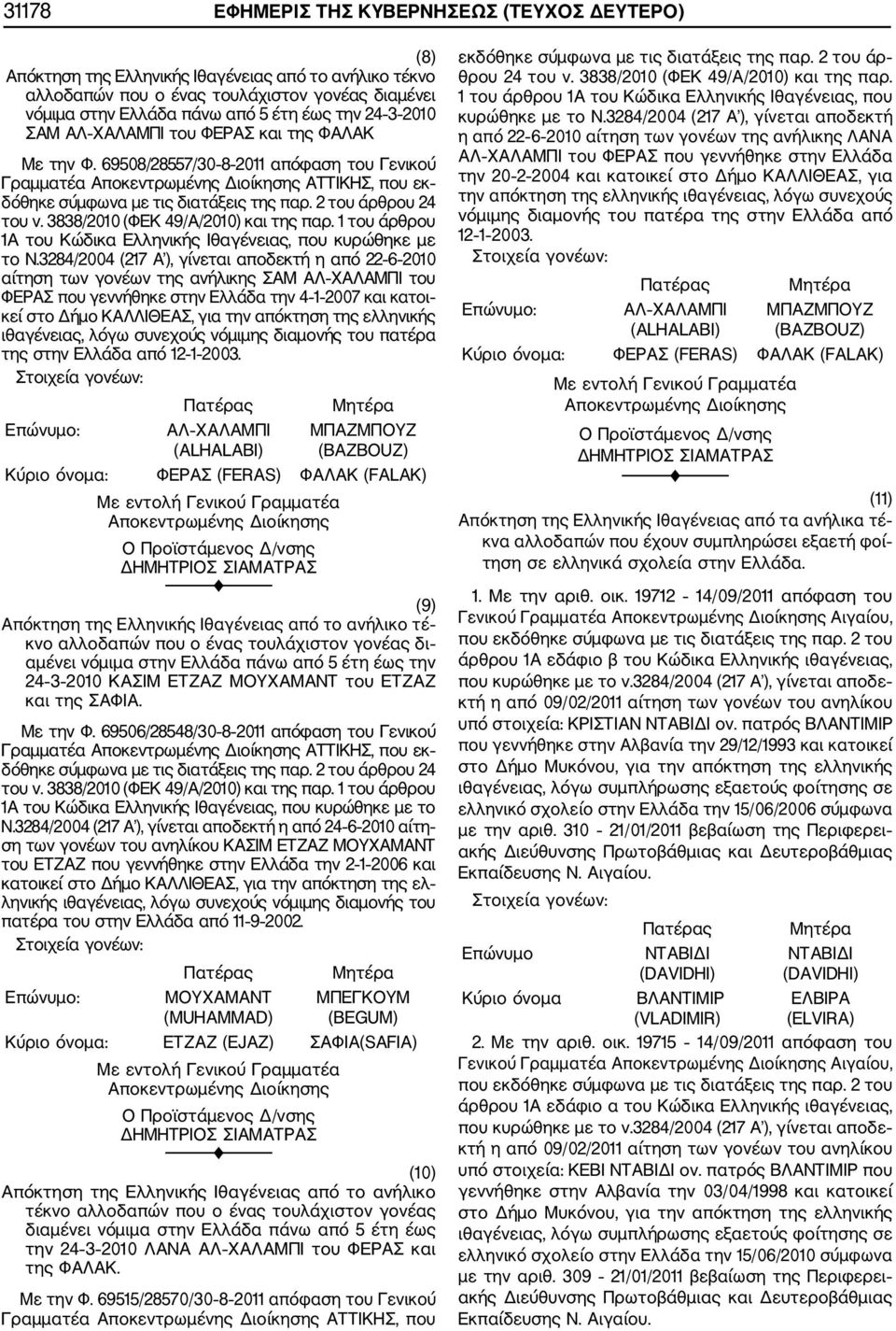 3838/2010 (ΦΕΚ 49/Α/2010) και της παρ. 1 του άρθρου 1Α του Κώδικα Ελληνικής Ιθαγένειας, που κυρώθηκε με το Ν.