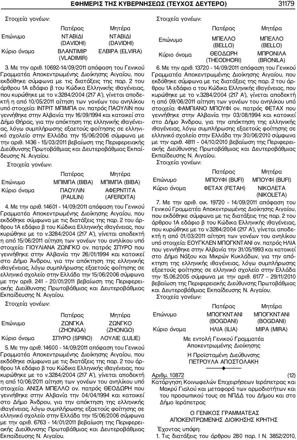 3284/2004 (217 Α ), γίνεται αποδε κτή η από 10/05/2011 αίτηση των γονέων του ανηλίκου υπό στοιχεία: ΙΝΤΡΙΤ ΜΠΙΜΠΑ ον.