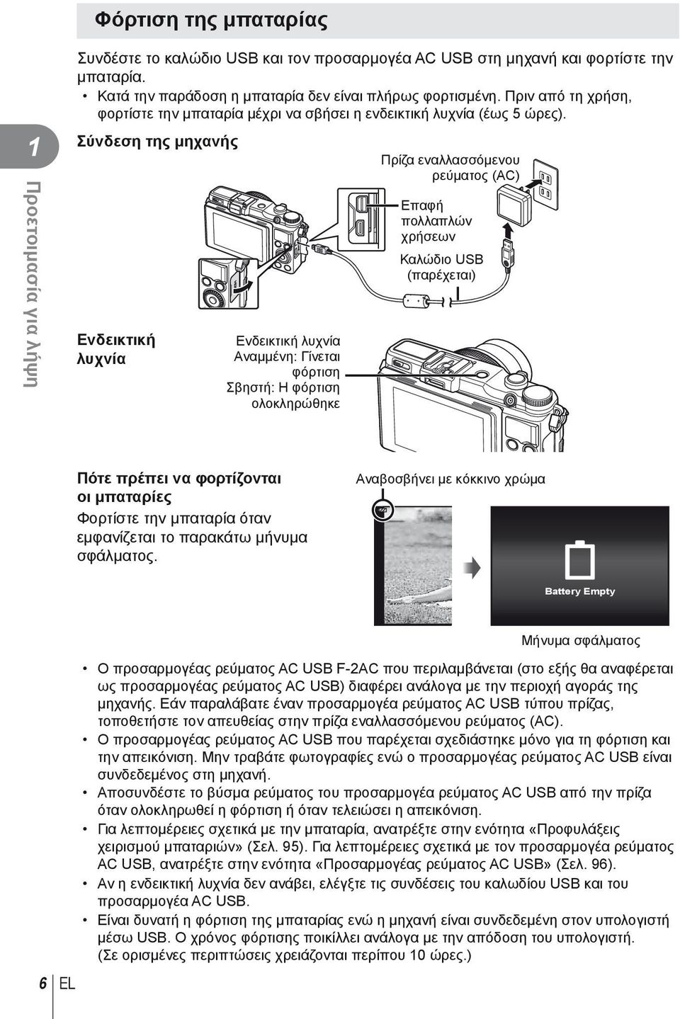 Σύνδεση της μηχανής Ενδεικτική λυχνία Ενδεικτική λυχνία Αναμμένη: Γίνεται φόρτιση Σβηστή: Η φόρτιση ολοκληρώθηκε Πρίζα εναλλασσόμενου ρεύματος (AC) Επαφή πολλαπλών χρήσεων Καλώδιο USB (παρέχεται)