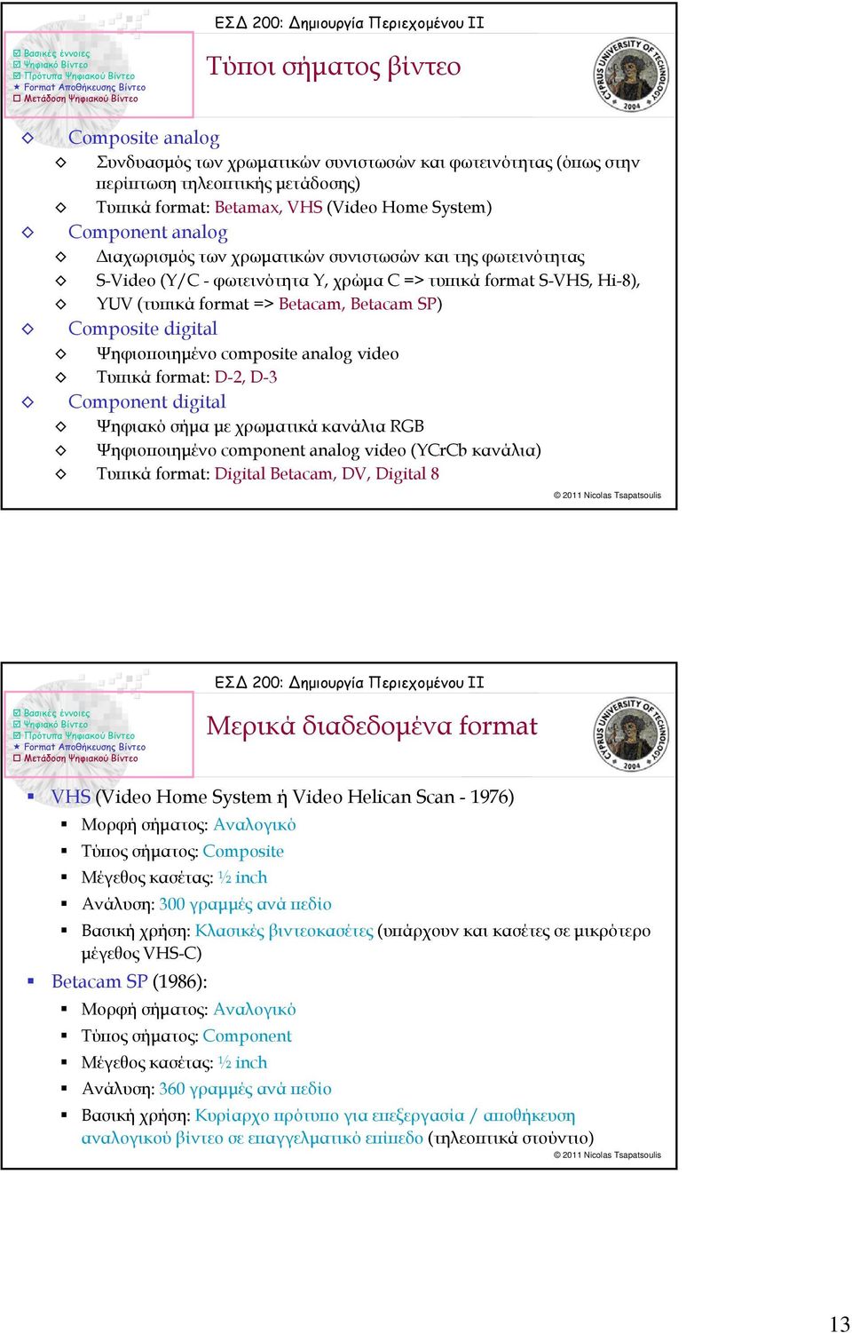 Ψηφιοποιημένο composite analog video Τυπικά format: D-2, D-3 Component digital Ψηφιακό σήμα με χρωματικά κανάλια RGB Ψηφιοποιημένο component analog video (ΥCrCb κανάλια) Τυπικά format: Digital