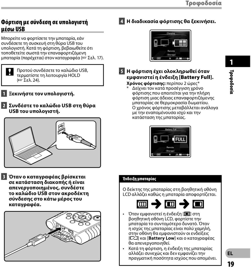 1 Ξεκινήστε τον υπολογιστή. 2 Συνδέστε το καλώδιο USB στη θύρα USB του υπολογιστή. 4 Η διαδικασία φόρτισης θα ξεκινήσει.. 5 Η φόρτιση έχει ολοκληρωθεί όταν εμφανιστεί η ένδειξη [Battery Full].