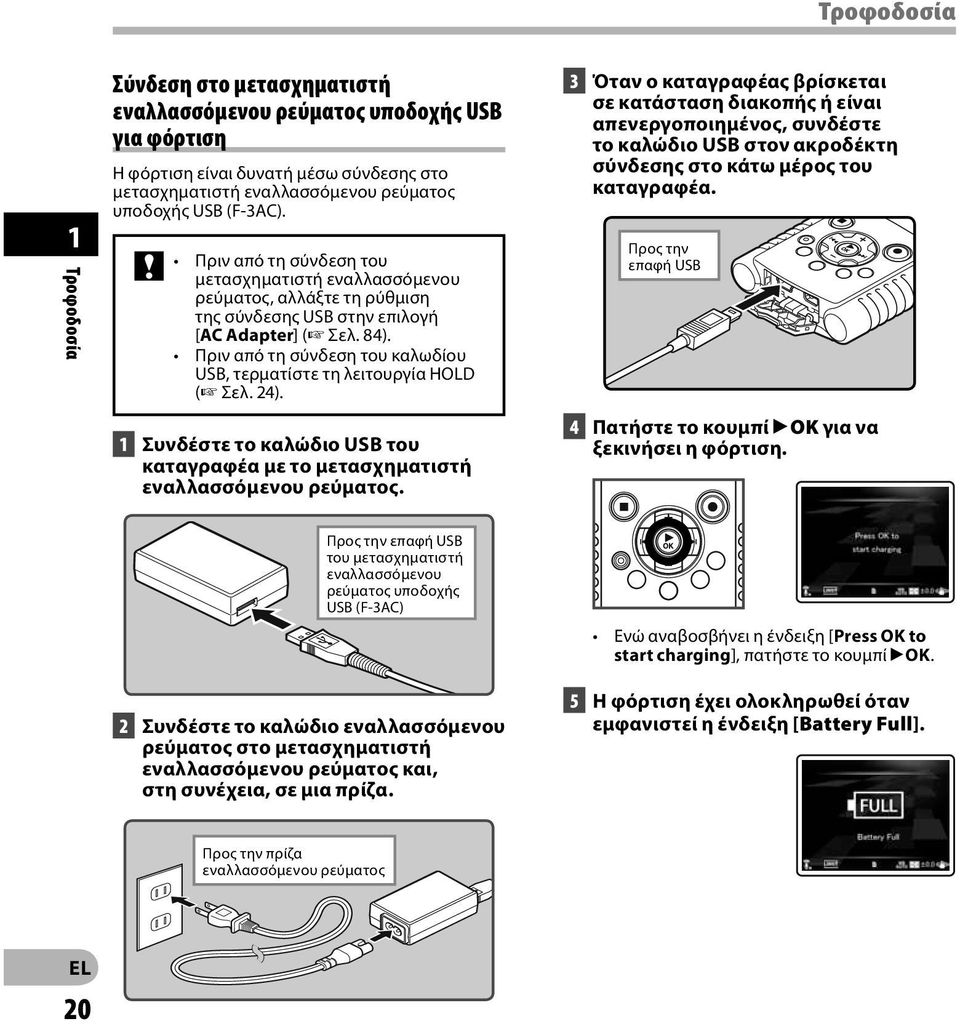 Πριν από τη σύνδεση του καλωδίου USB, τερματίστε τη λειτουργία HOLD ( Σελ. 24). 1 Συνδέστε το καλώδιο USB του καταγραφέα με το μετασχηματιστή εναλλασσόμενου ρεύματος.